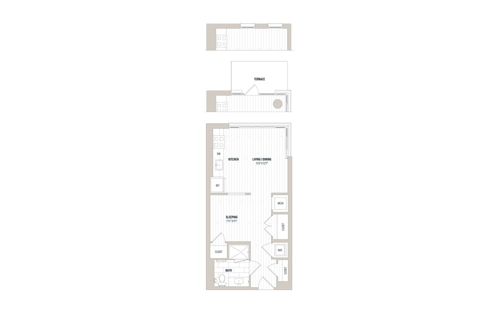 Plan 0A - Studio floorplan layout with 1 bath and 507 square feet.