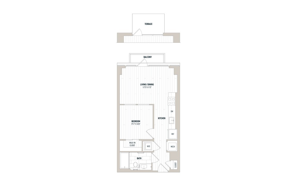 Plan 0B - Studio floorplan layout with 1 bath and 576 square feet.
