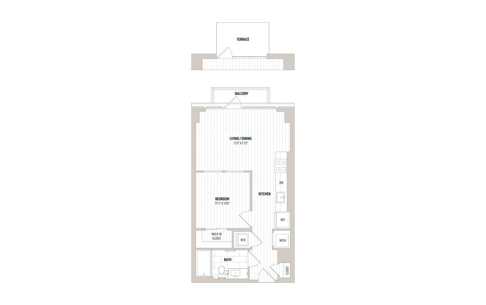 Plan 0B - Studio floorplan layout with 1 bathroom and 576 square feet