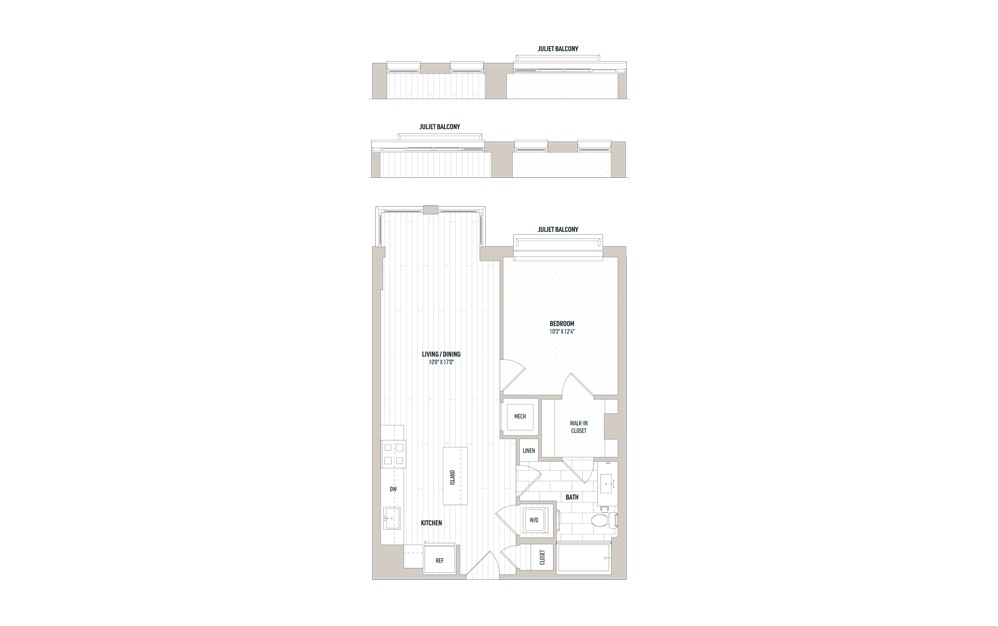 Plan 1A - 1 bedroom floorplan layout with 1 bath and 635 to 679 square feet.