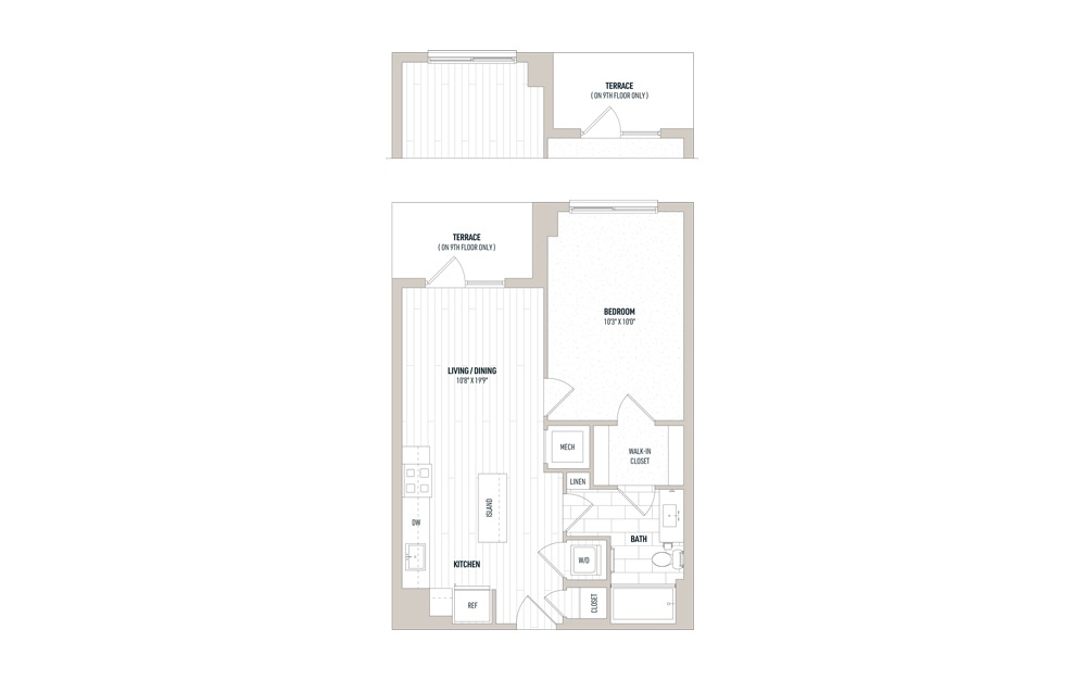 Plan 1B - 1 bedroom floorplan layout with 1 bath and 642 square feet.