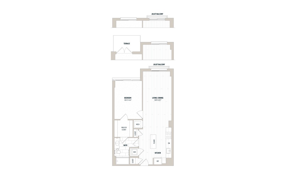 Plan 1C - 1 bedroom floorplan layout with 1 bath and 701 to 745 square feet.