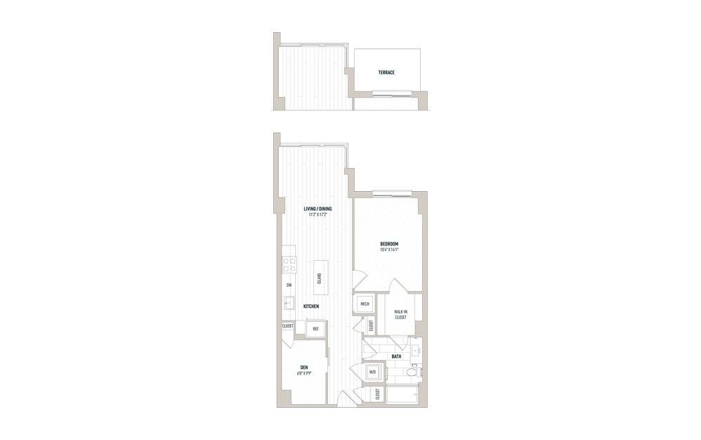 Plan 1C+D - 1 bedroom floorplan layout with 1 bathroom and 788 square feet