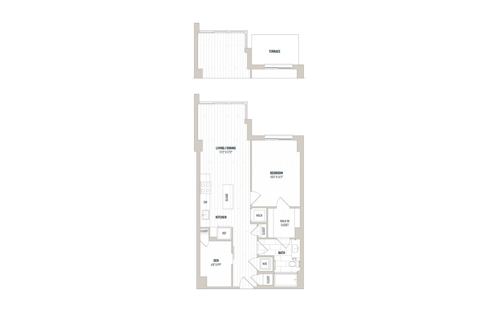 Plan 1C+D - 1 bedroom floorplan layout with 1 bath and 788 square feet.
