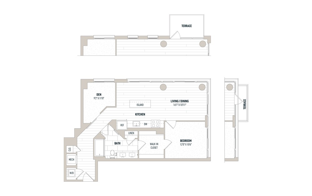 Plan 1D-2 - 1 bedroom floorplan layout with 1 bath and 894 square feet.
