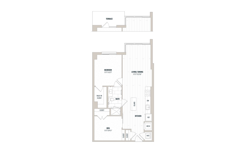 Plan 1D-3 - 1 bedroom floorplan layout with 1 bath and 893 square feet.