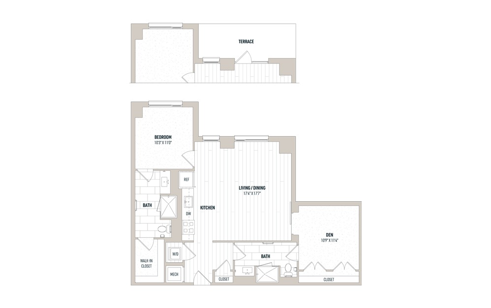 Plan 1D-4 - 1 bedroom floorplan layout with 2 baths and 977 square feet.