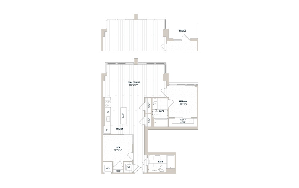 Plan 1D-5 - 1 bedroom floorplan layout with 2 baths and 1034 square feet.