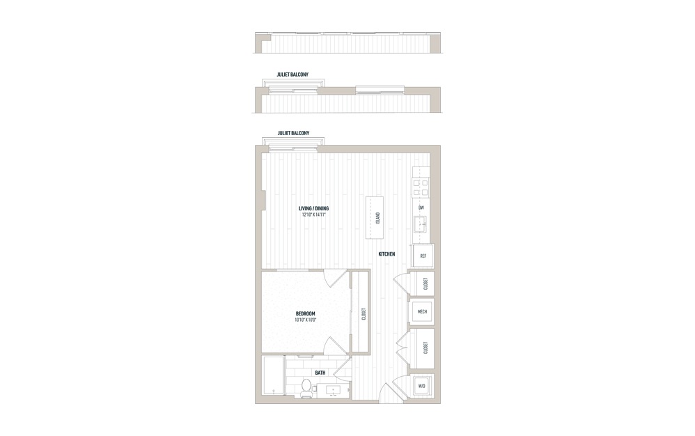 Plan 1E - 1 bedroom floorplan layout with 1 bathroom and 701 square feet