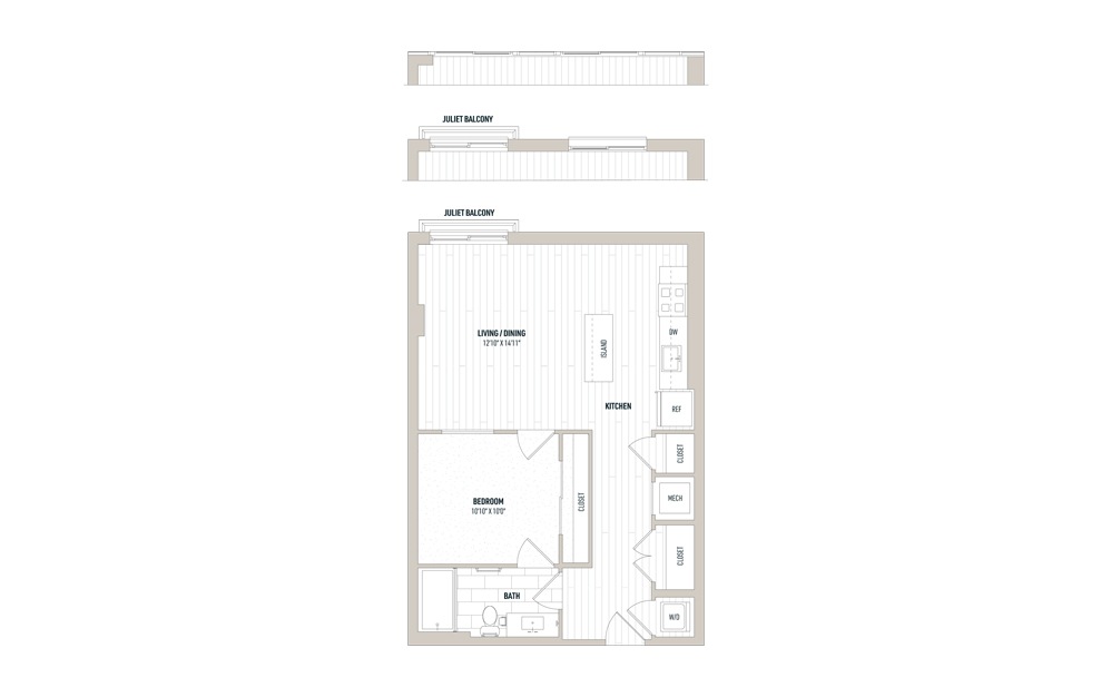 Plan 1E - 1 bedroom floorplan layout with 1 bath and 701 square feet.