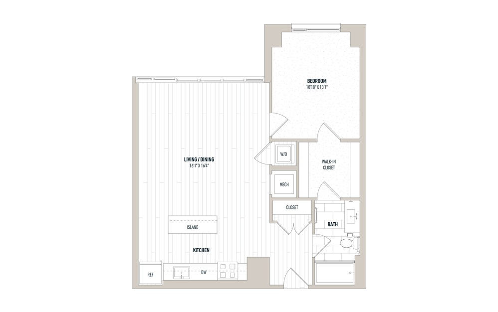 Plan 1F - 1 bedroom floorplan layout with 1 bath and 788 to 789 square feet.