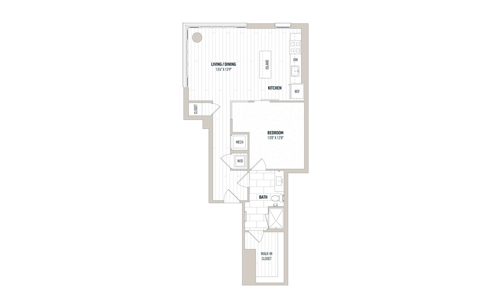 Plan 1H - 1 bedroom floorplan layout with 1 bath and 784 square feet.