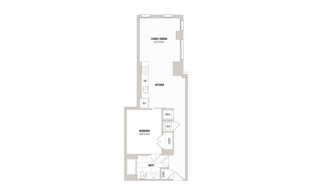 Plan 1J - 1 bedroom floorplan layout with 1 bath and 766 square feet.