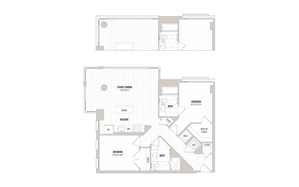 Plan 2A - 2 bedroom floorplan layout with 2 baths and 988 square feet.