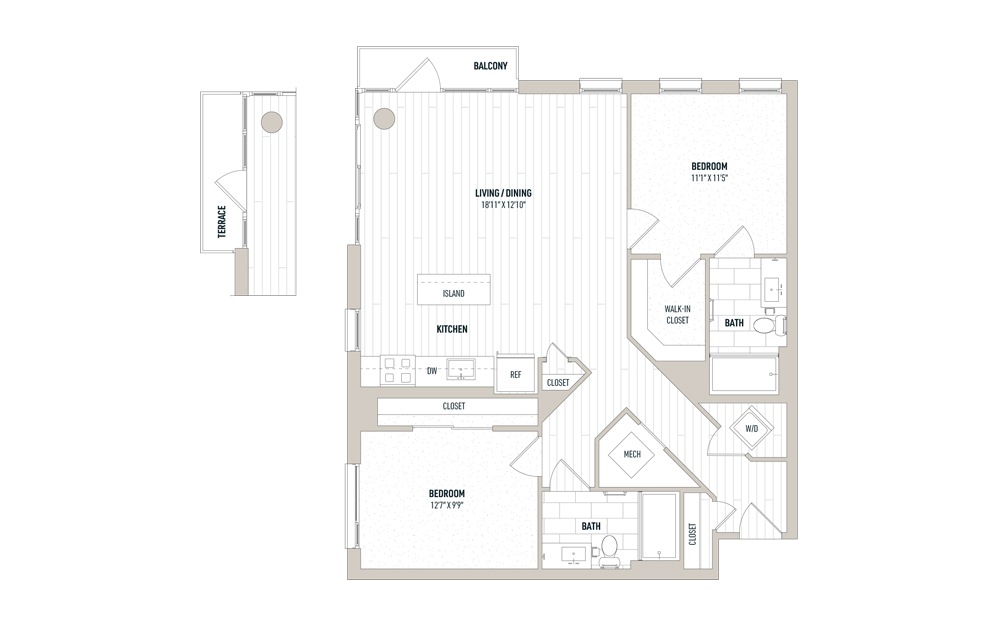 Plan 2B - 2 bedroom floorplan layout with 2 baths and 1054 to 1141 square feet.