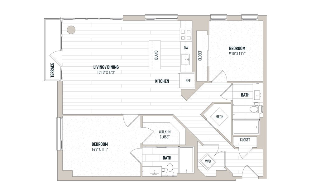 Plan 2C - 2 bedroom floorplan layout with 2 baths and 1068 to 1086 square feet.