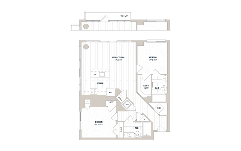 Plan 2E - 2 bedroom floorplan layout with 2 baths and 1037 to 1122 square feet.