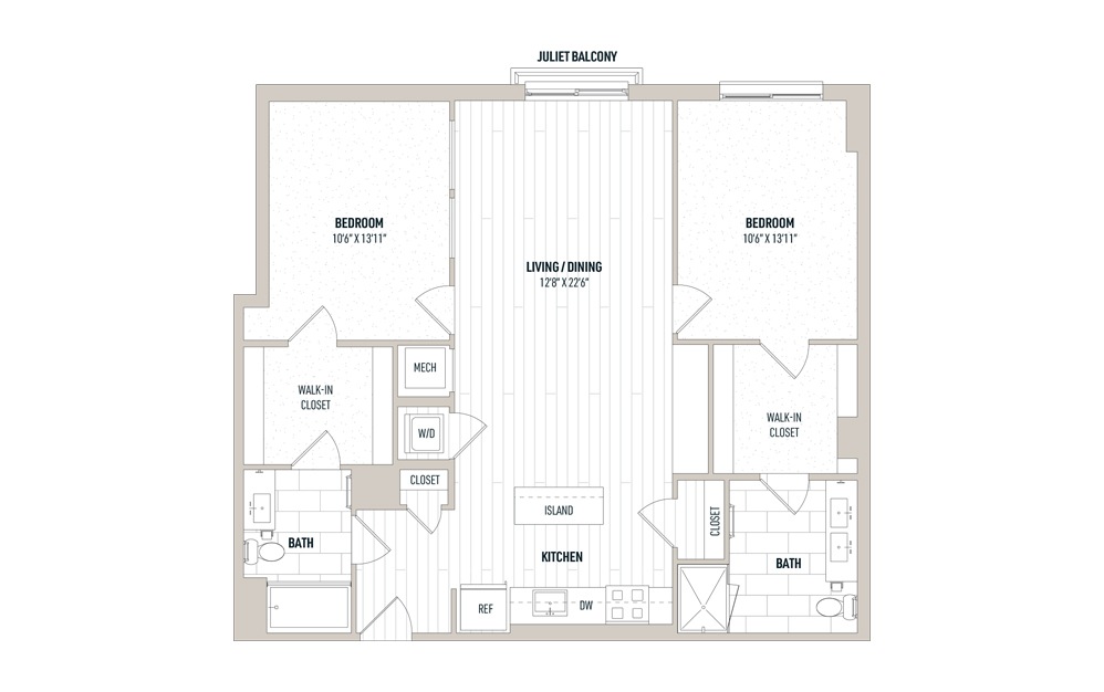 Plan 2F - 2 bedroom floorplan layout with 2 baths and 1146 square feet.