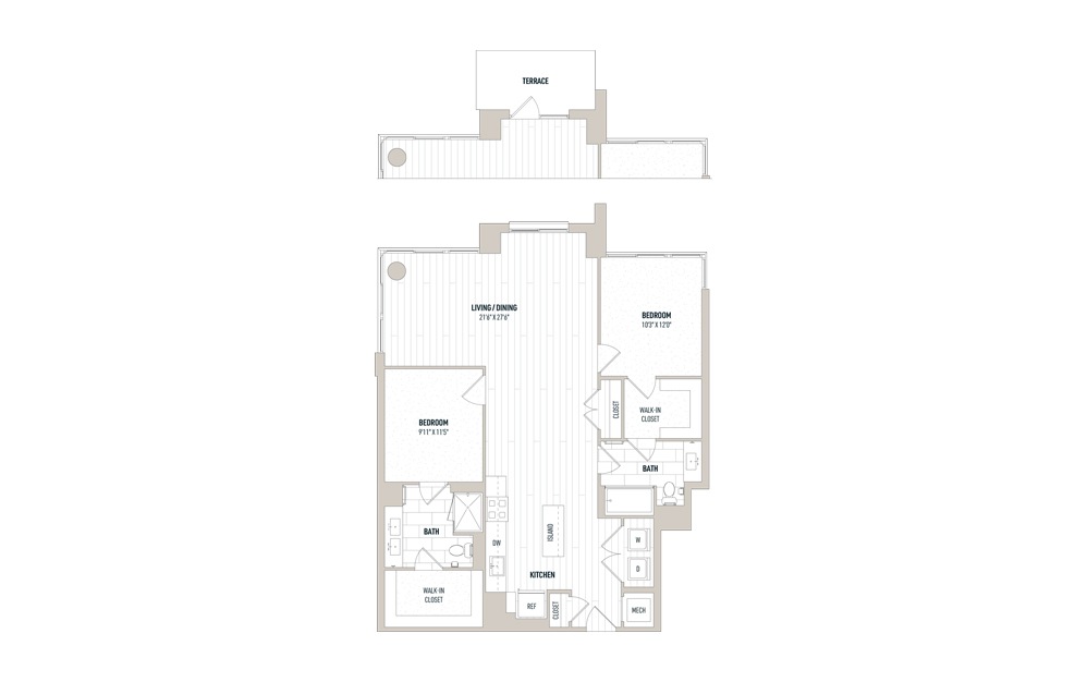 Plan 2G - 2 bedroom floorplan layout with 2 baths and 1224 square feet.