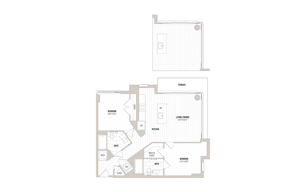 Plan 2J - 2 bedroom floorplan layout with 2 baths and 989 square feet.