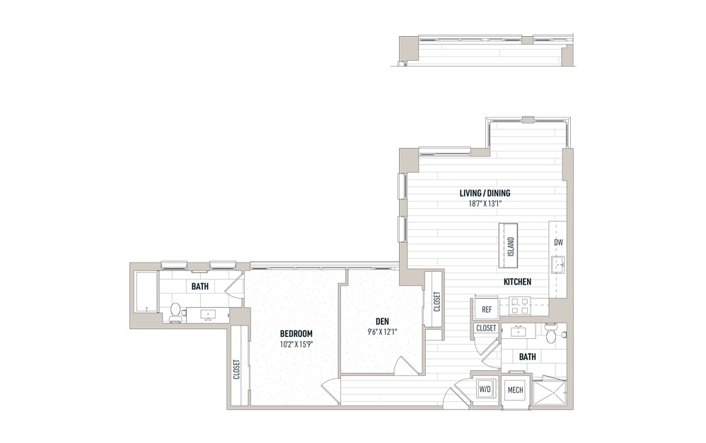 Plan 1D-6 - 1 bedroom floorplan layout with 2 baths and 1053 square feet.